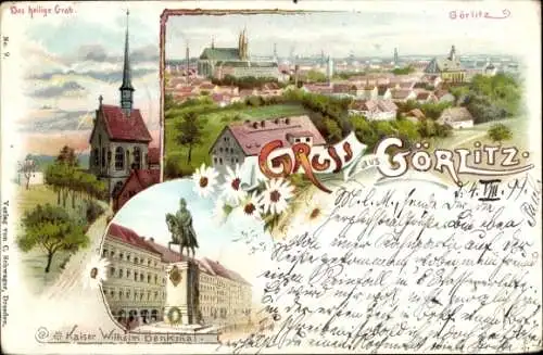Litho Görlitz in der Lausitz, Das heilige Grab, Panorama, Kaiser Wilhelm Denkmal