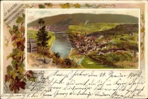 Künstler Ak Neckargemünd am Neckar, Panorama, Weingroßhandlung J.F. Menzer