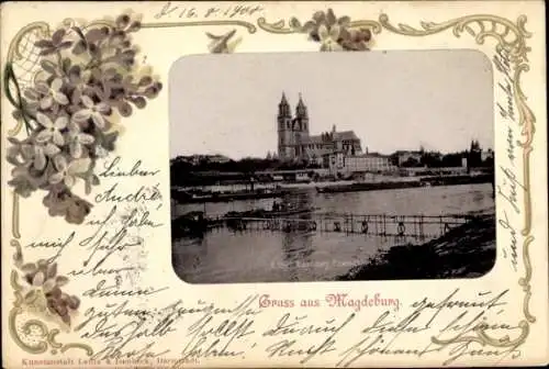 Passepartout Ak Magdeburg an der Elbe, Teilansicht, Kirche