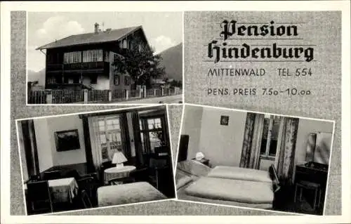 Ak Mittenwald im Kreis Garmisch Partenkirchen, Pension Hindenburg, Außenansicht, Gastraum