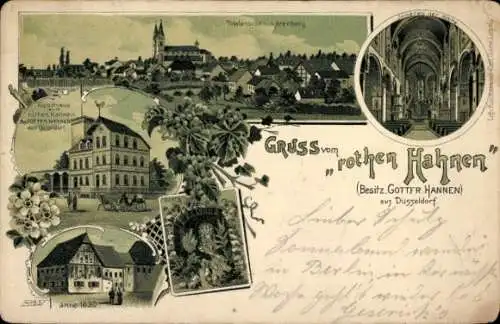 Litho Arenberg Koblenz in Rheinland Pfalz, Gasthaus zum roten Hahnen, Inh. Gottfr. Hannen, Kirche