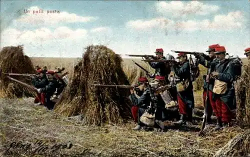 Ak Französische Soldaten mit Gewehren im Getreidefeld