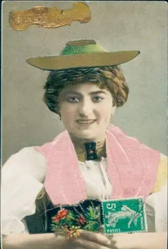 Präge Stoff Ak Frau in französischer Tracht, Portrait, Blumen