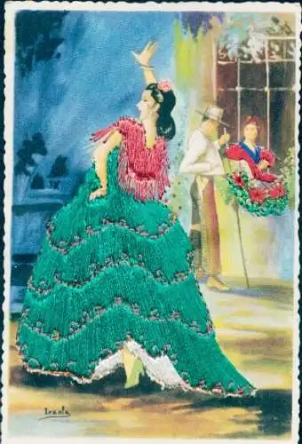 Seidenstick Künstler Ak Iraola, Sevilla, Tanzende Frau, Spanische Tracht