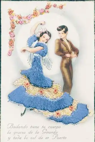 Seidenstick Ak Tanzpaar, Frau in blauem Kleid, Blumen