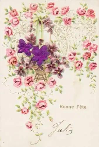 Stoff Präge Litho Glückwunsch, Veilchen, Rosen, Blumenkorb