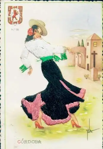 Seidenstick Künstler Ak Cordoba, Frau in spanischer Tracht, Wappen