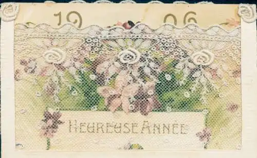 Präge Stoff Ak Glückwunsch Neujahr, Veilchen, Klöppelwerk, Jahreszahl 1906