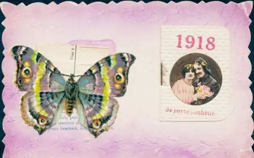 Ak Glückwunsch Neujahr, Liebespaar, Schmetterling, Jahreszahl 1918