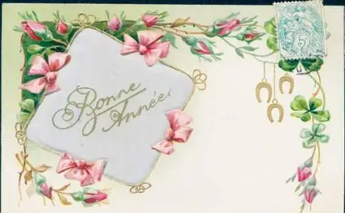 Stoff Ak Glückwunsch Neujahr, Kissen, Schleifen, Glücksklee, Rosen