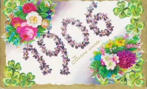 Präge Ak Glückwunsch Neujahr 1906, Veilchen, Glücksklee, Blumen