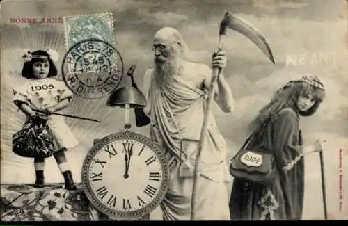 Ak Editions Bergeret, Glückwunsch Neujahr 1905, Gott mit Sense und Hammer an einer Uhr, altes Jahr
