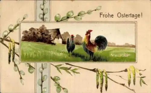 Präge Ak Glückwunsch Ostern, Hühner, Weidenkätzchen