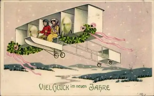 Präge Ak Glückwunsch Neujahr, Kinder, Flugzeug, Glücksklee