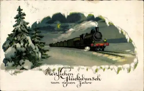 Ak Glückwunsch Neujahr, Eisenbahn, Tannenbaum