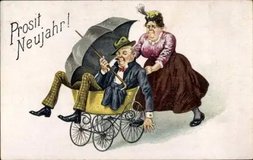 Ak Glückwunsch Neujahr, Frau schiebt betrunkenen Mann im Kinderwagen