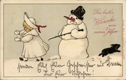 Ak Glückwunsch Neujahr, Schneemann, Mädchen, Hund
