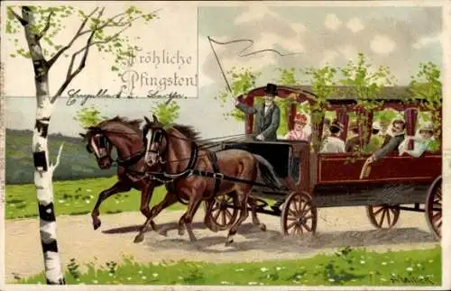 Künstler Litho Mailick, Glückwunsch Pfingsten, geschmückte Ausflugskutsche, Landstraße, Birke