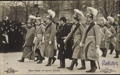 Ak Kaiser Wilhelm II. von Preußen mit seinen Söhnen, Kronprinz, Eitel, Adalbert, August, Oskar