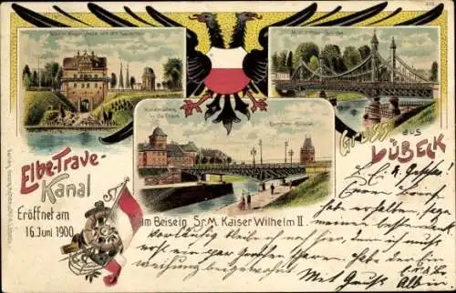 Wappen Litho Hansestadt Lübeck, Navigationsschule, Kaisertor, Mühlentorbrücke, Elbe-Trave-Kanal