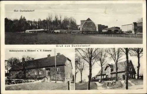 Ak Dunkelsdorf Ahrensbök in Ostholstein, Schule, Kolonialwaren und Bäckerei