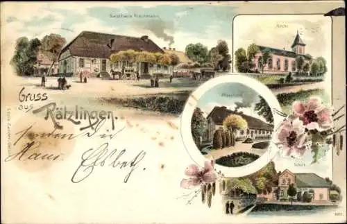 Litho Rätzlingen in Niedersachsen, Gasthaus Rieckmann, Pfarrhaus, Kirche, Schule