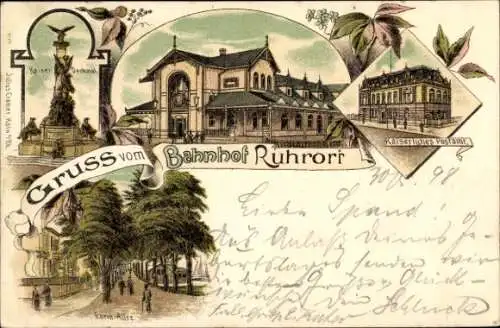 Litho Ruhrort Duisburg im Ruhrgebiet, Bahnhof, Kaiserliches Postamt, Rhein-Allee