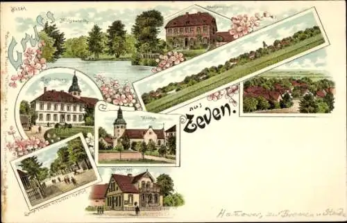 Litho Zeven in Niedersachsen, Landratsamt, Mühlenteich, Lange Straße, Kirche