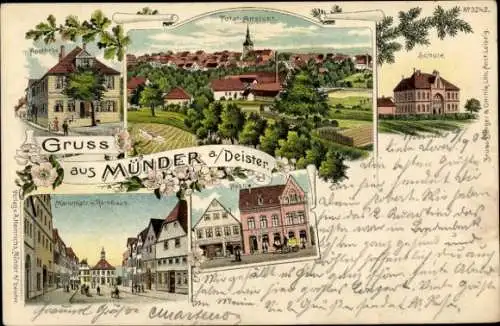 Litho Bad Münder am Deister, Apotheke, Schule, Marktplatz, Rathaus, Post