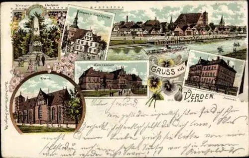 Litho Verden an der Aller, Kriegerdenkmal, Dom, Gymnasium, Seminar