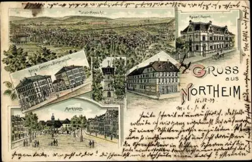 Litho Hammenstedt Northeim, Totalansicht, Marktplatz, Kaiserliches Postamt, Seminar