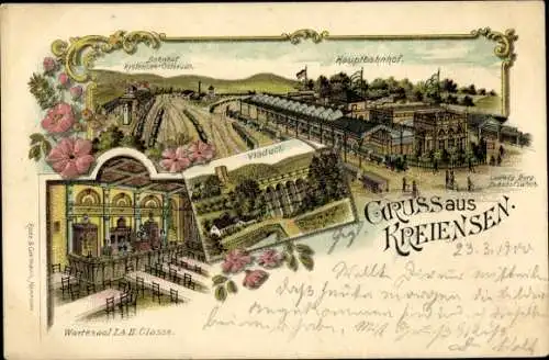 Litho Kreiensen Einbeck in Niedersachsen, Hauptbahnhof, Gleisseite, Viadukt, Wartesaal