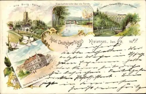 Litho Kreiensen Einbeck, Hotel Deutsches Haus v. Ad. Schelm, Burg, Viadukt