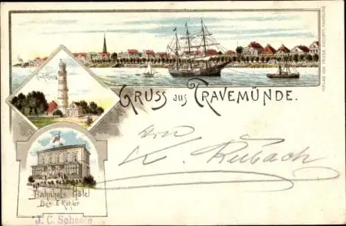 Litho Ostseebad Travemünde Lübeck, Segelschiff, Leuchtturm, Bahnhofshotel