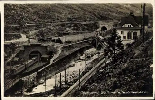 Ak Göschenen Kt. Uri Schweiz, Gotthardbahn und Schöllenenbahn, Tunnel