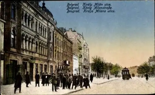 Ak Belgrad Serbien, König Milanstraße, Straßenbahn, Passanten