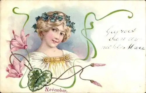 Jugendstil Litho Frauenportrait, Alpenveilchen, Allegorie, November