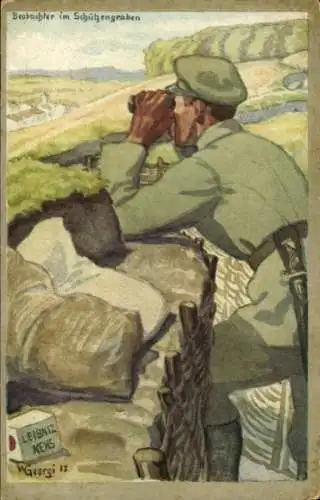 Künstler Ak Georgi, W., Beobachter im Schützengraben, Reklame, Leibniz Keks