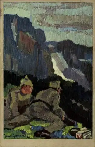 Künstler Ak Goossens, Josse, Reklame, Leibniz Keks, zwei Soldaten im Gebirge, Bahlsens Keksfabrik