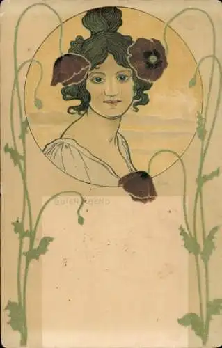 Jugendstil Künstler Litho Wennerberg, Bruno, Portrait einer Frau, Mohnblüten