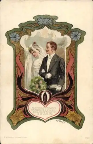 Jugendstil Künstler Litho Hochzeit, Brautpaar