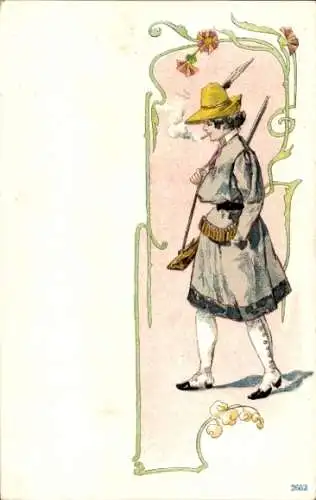 Jugendstil Litho Rauchende Frau mit Gewehr, Jägerin