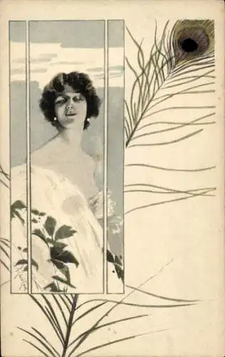 Jugendstil Ak Liebeserinnerung, Pfauenfeder, Portrait einer Frau