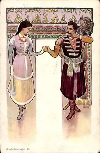 Jugendstil Künstler Ak Paar in polnischen Trachten