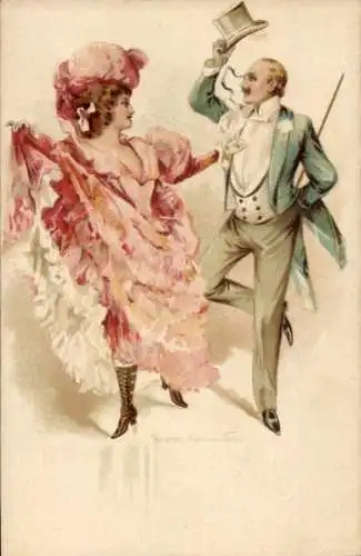Künstler Ak Tanzendes Paar, Mann mit Zylinder