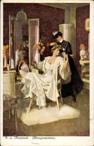 Jugendstil Künstler Ak Rezinicek, Ferdinand von, Morgentoilette, Frau in Unterkleid