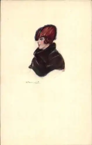 Künstler Ak Portrait einer Frau mit Hut