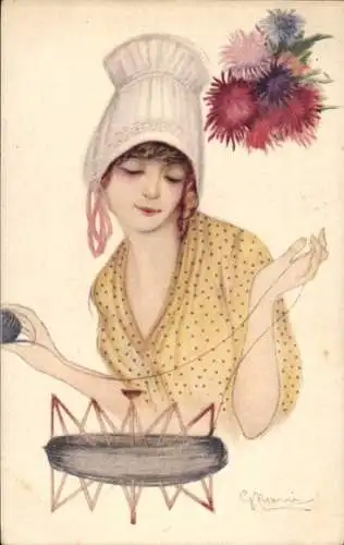 Künstler Ak Portrait einer Frau beim Wolle aufrollen