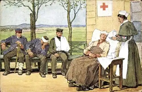 Ak Krankenschwester pflegt verwundete Soldaten, Rotes Kreuz Königreich Sachsen