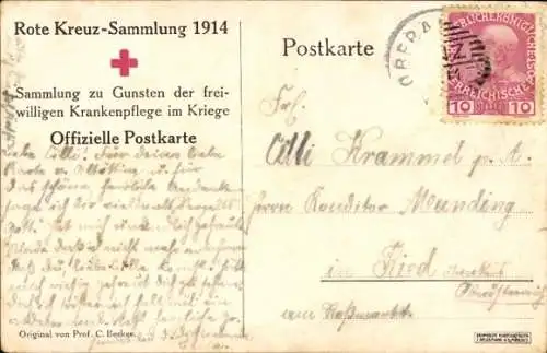 Künstler Ak Becker, Carl, Rotes Kreuz, Sanitäter, verwundeter Soldat auf einer Trage